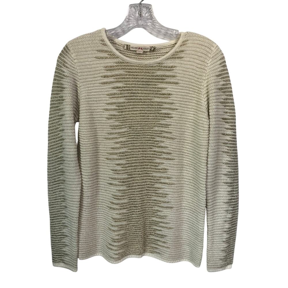 Chelsea & Violet Sweater XS Womens Long Sleeve Ivory Gold Metallic Abstract